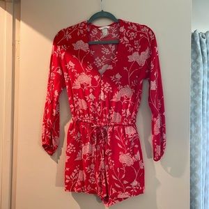 Red and white floral print romper